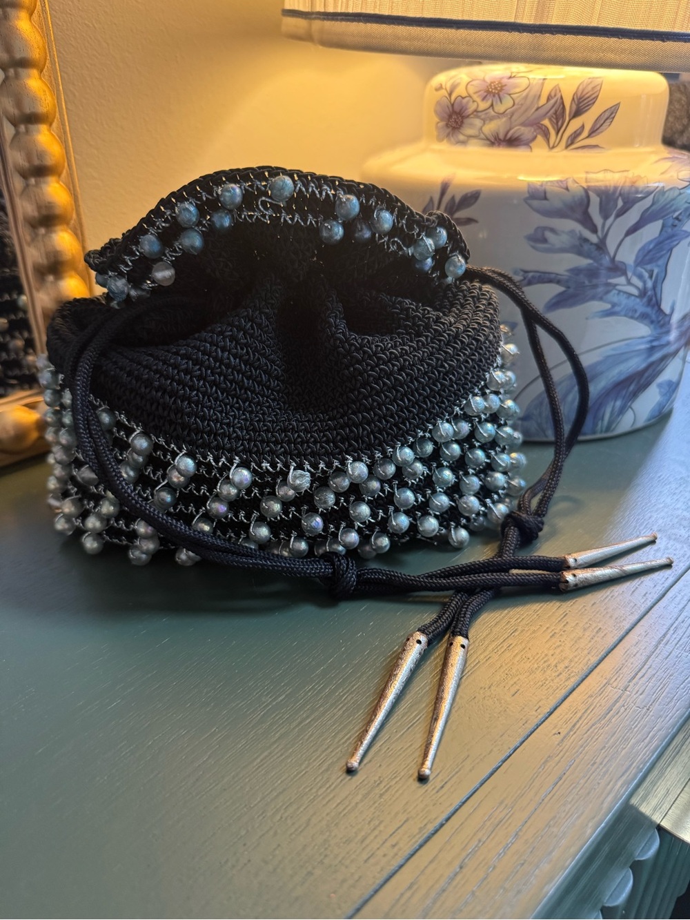 Vintage Women's Black Beaded Drawstring Pouch Bag